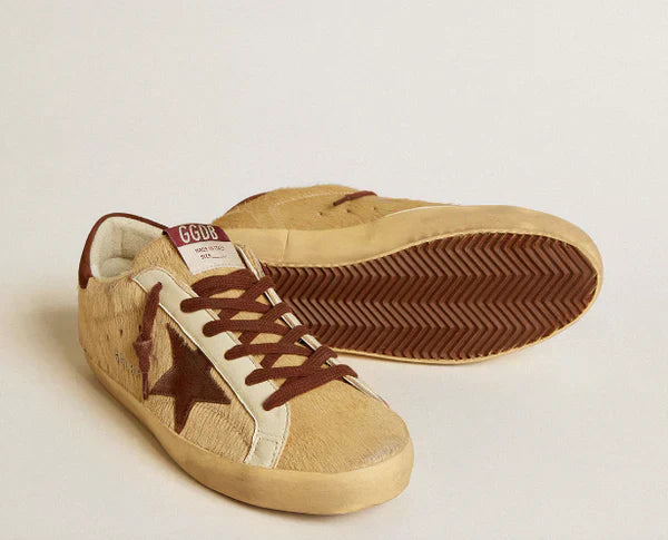 Super-Star Women in beige pony with a star and brown suede heel tab